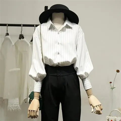 Niche Vintage Striped Women's Shirt White 34 Sleeve - Shop at LoveMi