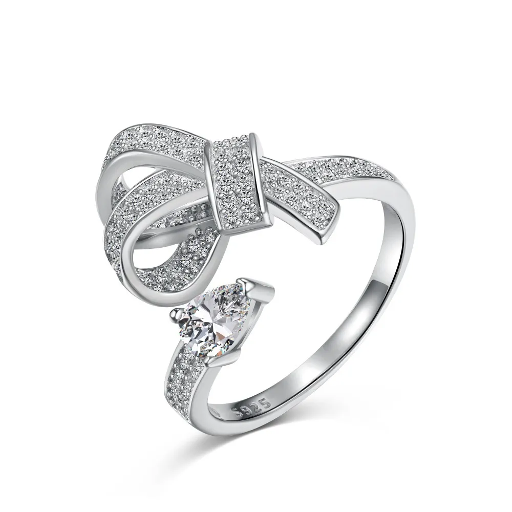 Personalized Design Bow Diamond Open-end Ring For Women - Platinum
