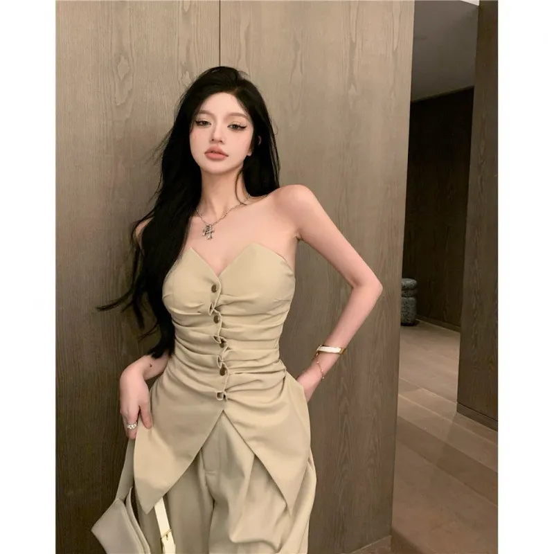 Suit Women's Pleated Tube Top Wide Leg Pants - Camel Colour Jacket