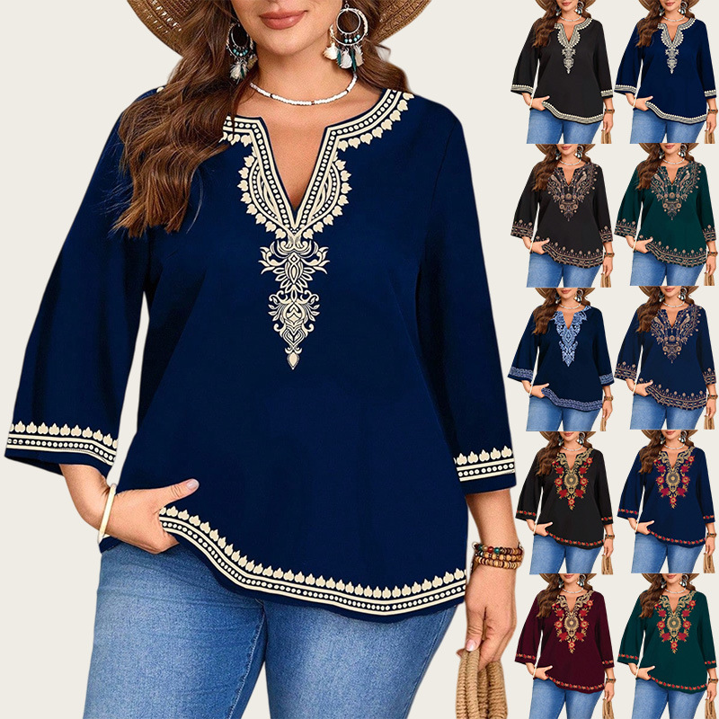 Fashionable Casual V-Neck Ethnic-Style Printed Three-Quarter-Sleeve Shirt Top