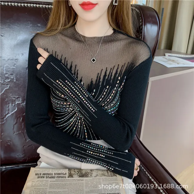 Knitwear Women's Korean style Diamond embedded Fashion Lace Bottoming Black - Shop at LoveMi