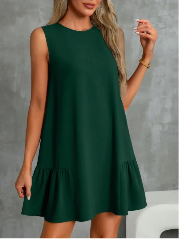 Women's Solid Color Round Neck Sleeveless Vest Dress - Dark Green