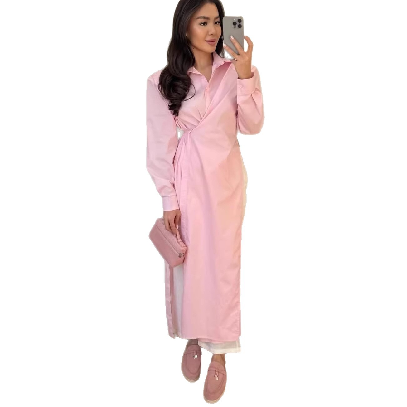 Womens Long-sleeve Top Long Straight-cut Shirt