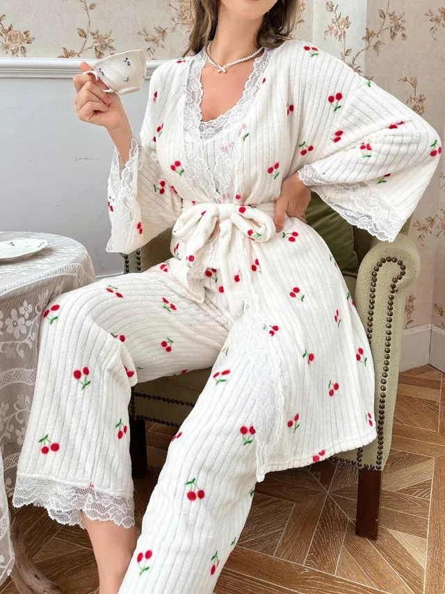 Women's Lace Trimmed Camisole Jacket And Cherry Print Trousers Three Piece Set Cherry S - Shop at LoveMi