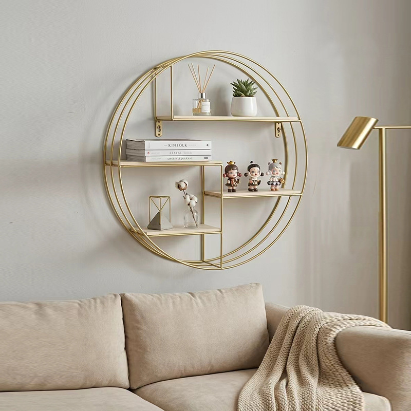 Round Wall-mounted Storage Rack Wrought Iron Metal Gold And Black