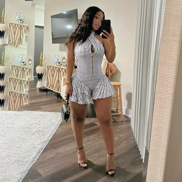 Fashion Trend Sleeveless Halter Color Matching Deep V Jumpsuit Gray - Shop at LoveMi