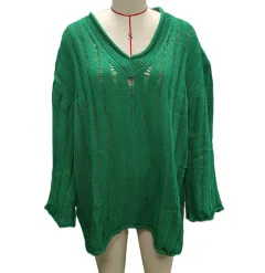 V-neck Long Sleeve Vertical Stripes Hollow Loose Fashion Sweater - Green - View 1