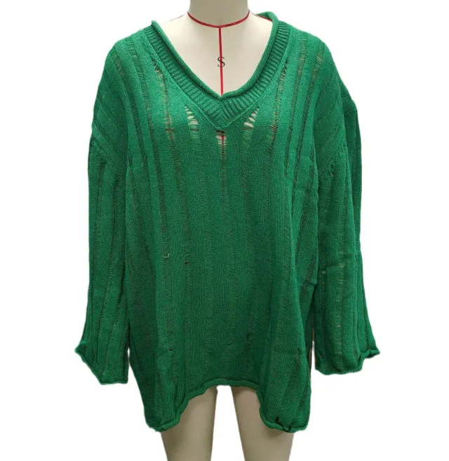 V neck Long Sleeve Vertical Stripes Hollow Loose Fashion Sweater Green - Shop at LoveMi