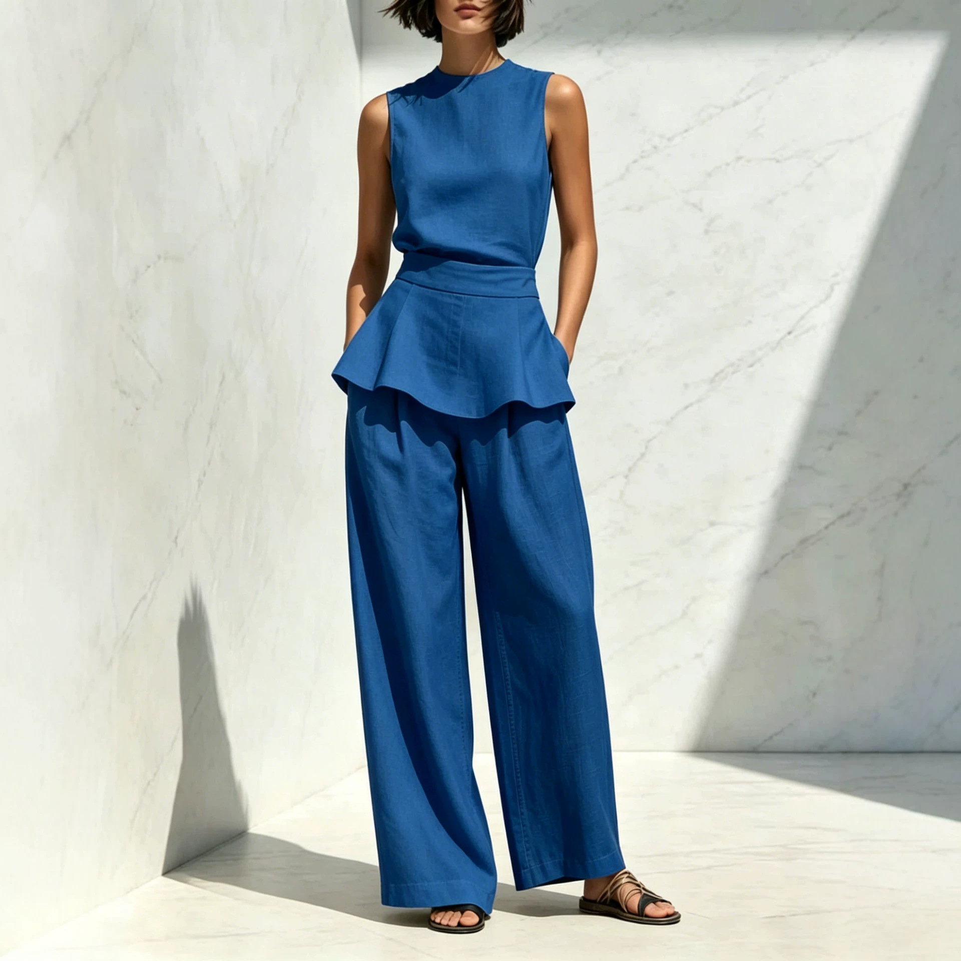 Sleeveless Ruffled Vest And Wide-leg Pants Set