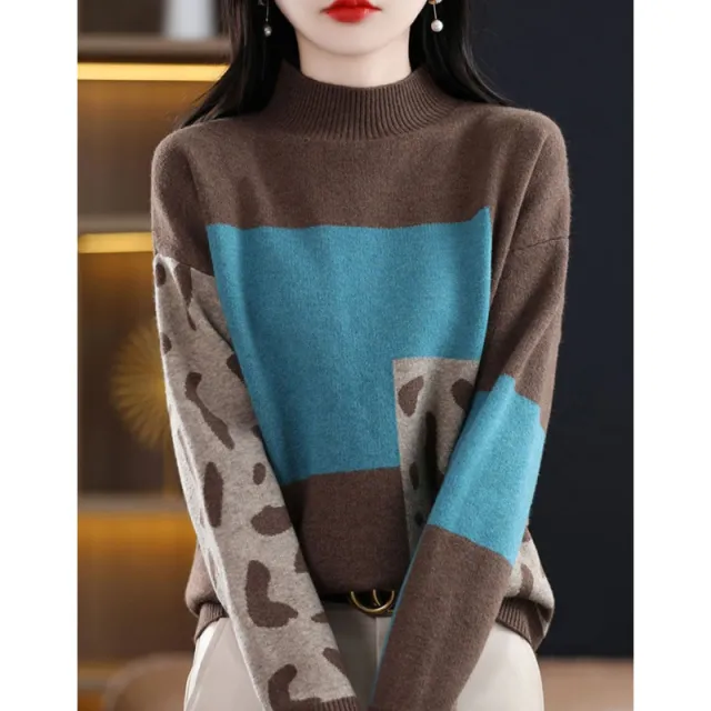 Womens Half Turtleneck Color Block Base Layer Top Extra Soft And Thick Brown - Shop at LoveMi