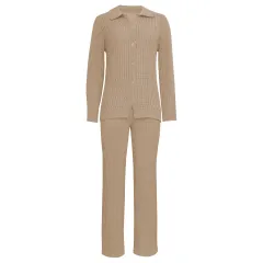 Solid Colour Knit Shirt Straight Leg Pants Fashion Suit - Khaki - View 1
