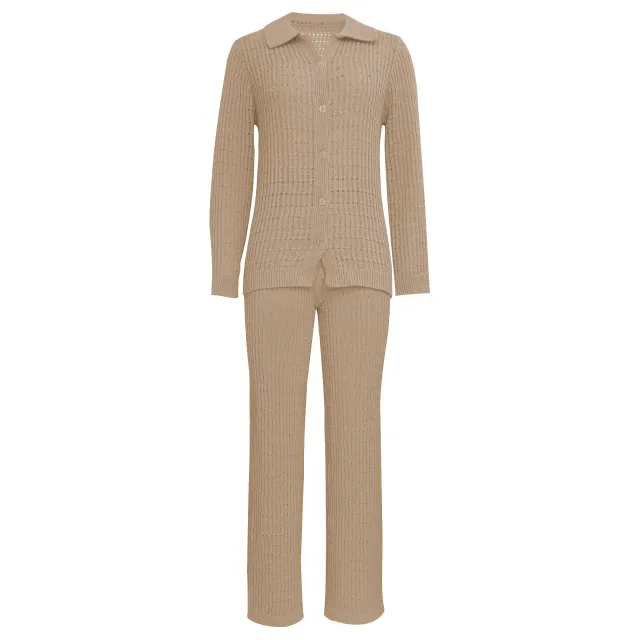 Solid Color Knit Shirt Straight Leg Pants Fashion Suit Khaki - Shop at LoveMi