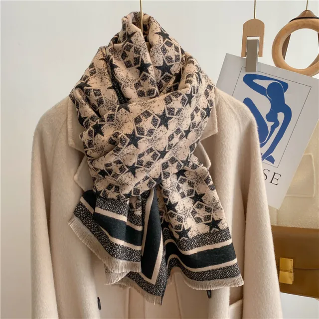 Autumn And Winter Five pointed Star Warm Scarf Female Long Thickened Artificial Cashmere Scarf Black Beige - Shop at LoveMi