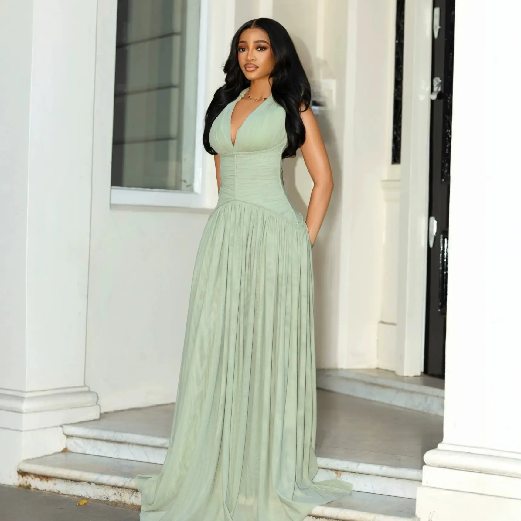 Womens Halter-neck Backless Figure-hugging Maxi Dress