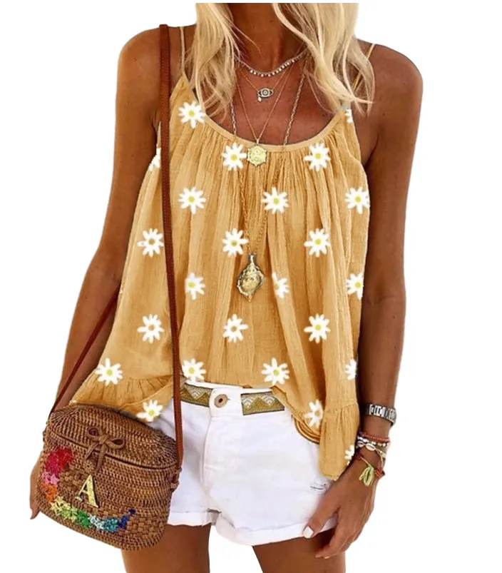 Women's Little Daisy Printed Camisole Large Size Loose Vest - Yellow
