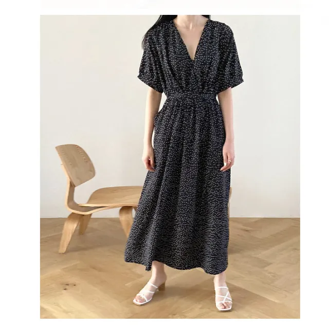 Women's V neck Short Sleeve Dress Slim fit Polka Dot Large Swing Dress Black - Shop at LoveMi