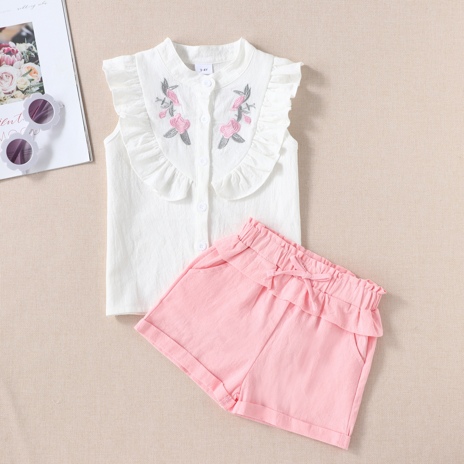 New Children's Summer New Sleeveless Embroidered Shirt Top Shorts Two-piece Set - Image 2