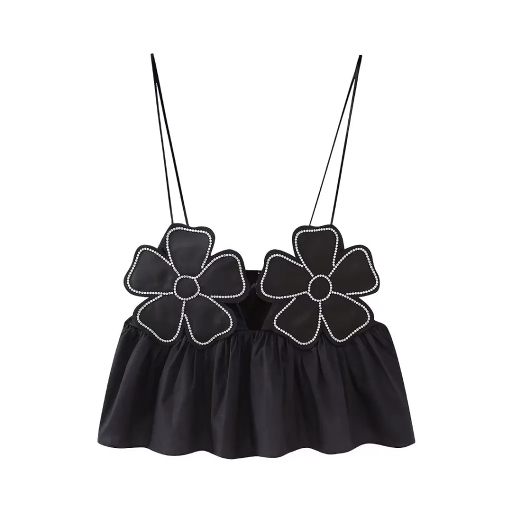 Women's European And American Style Flower Decoration Short Camisole Top - Black