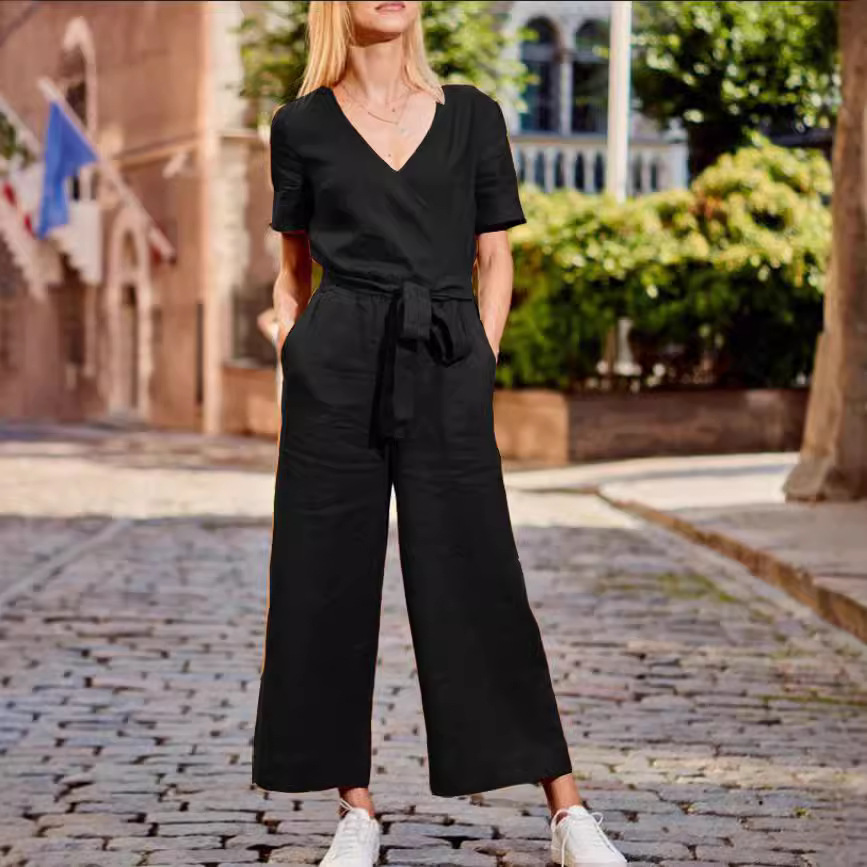 Arrival Short-Sleeve Color-Block Casual Loose-Fit Jumpsuit