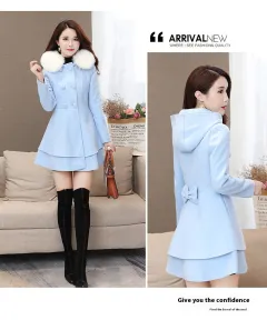 Women's Contrast Colour Fur Collar Woolen Coat Plaids And Tweedst Slim Fit - Blue - View 1