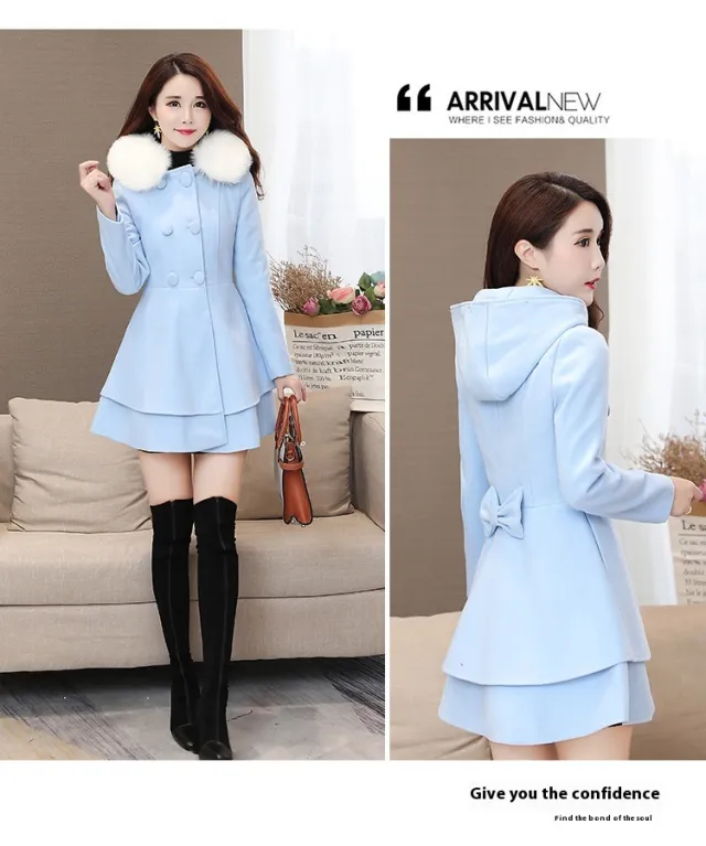 Women's Contrast Color Fur Collar Woolen Coat Plaids And Tweedst Slim Fit Blue - Shop at LoveMi
