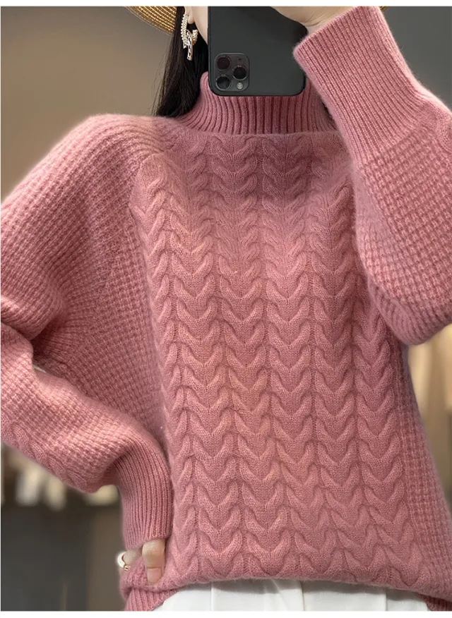 Half high Collar Inner Match Loose Twist Cashmere Knitted Top Pink - Shop at LoveMi