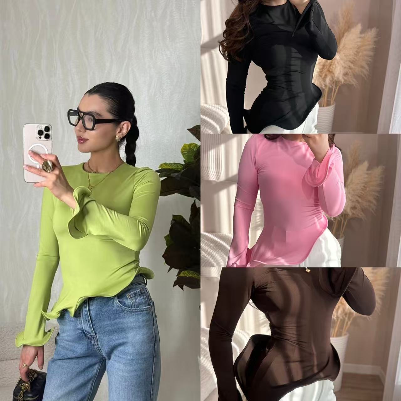 Crew-neck T-shirt With A Solid Color And An Asymmetrical Ruffled Hem