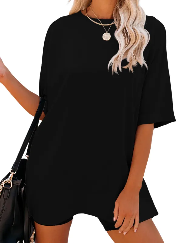 Solid Color Loose Women's T shirt Fashion Round Neck Plus Size Short Sleeve Black - Shop at LoveMi
