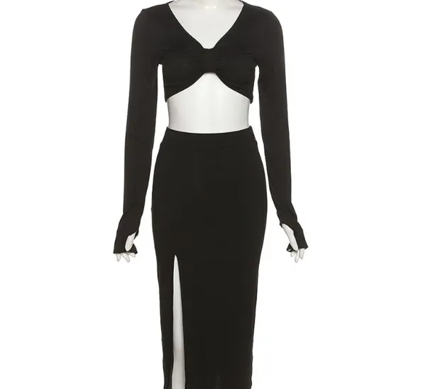 V neck Midriff baring Long Sleeve T shirt High Slit Skirt Fashion Two piece Suit Black - Shop at LoveMi