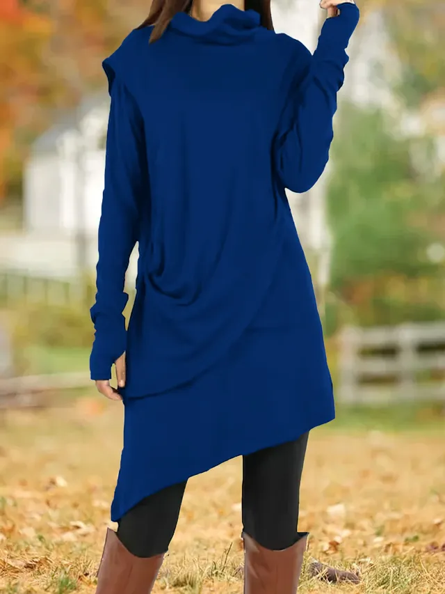 Black High Collar Irregular Fake Two piece Long sleeved Dress Blue - Shop at LoveMi