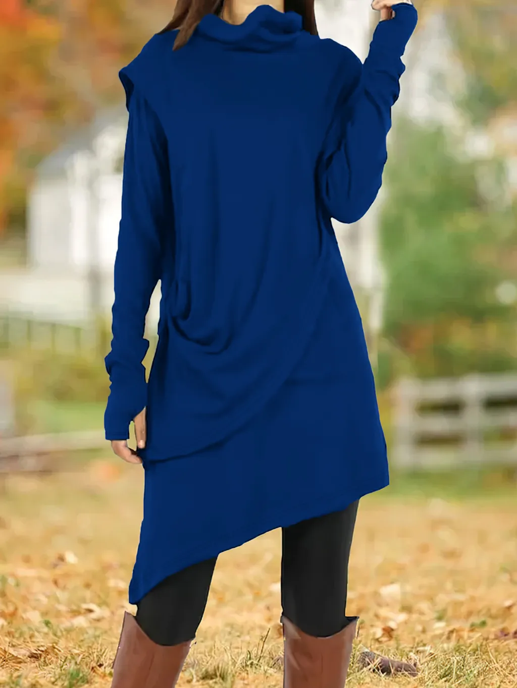 Black High Collar Irregular Fake Two-piece Long-sleeved Dress - Blue