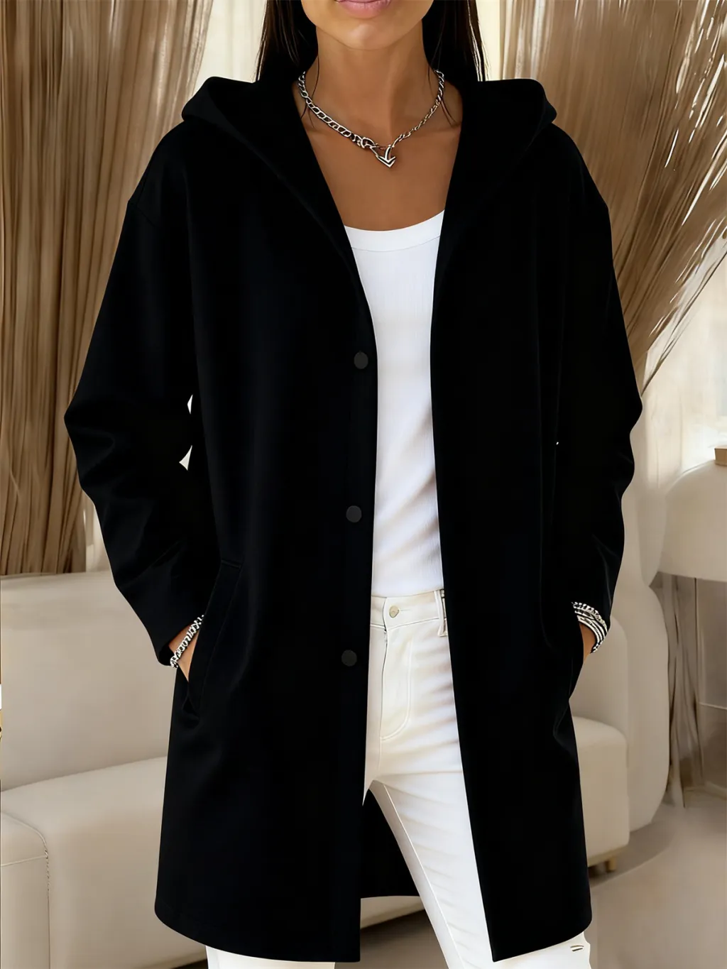 Mid-length Women's Solid Color Hooded Button-up Coat - Black