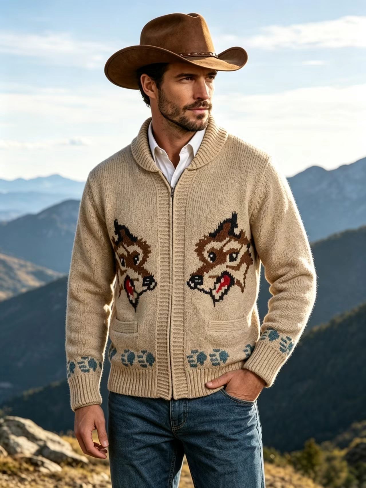 Fox-Pattern Jacquard Zip Cardigan, picture 5 of 8