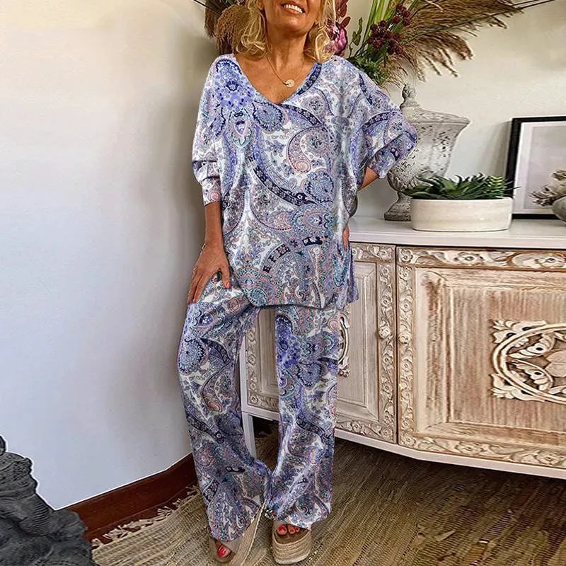 Women's Fashion Floral V-Neck Top Casual Pants Set - Floral