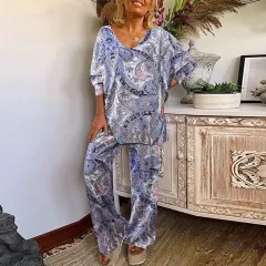 Women's Fashion Floral V-Neck Top Casual Pants Set - Floral - View 1
