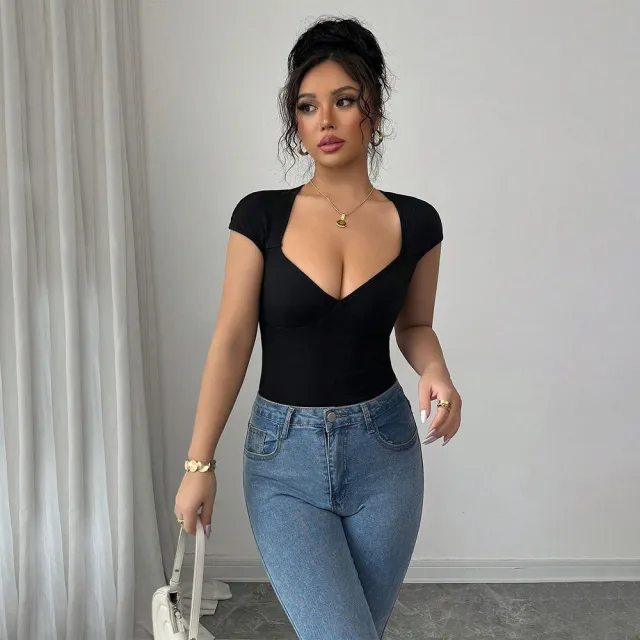 Simple Sexy V neck T shirt With Backless Design Short Slim fit Top Black - Shop at LoveMi