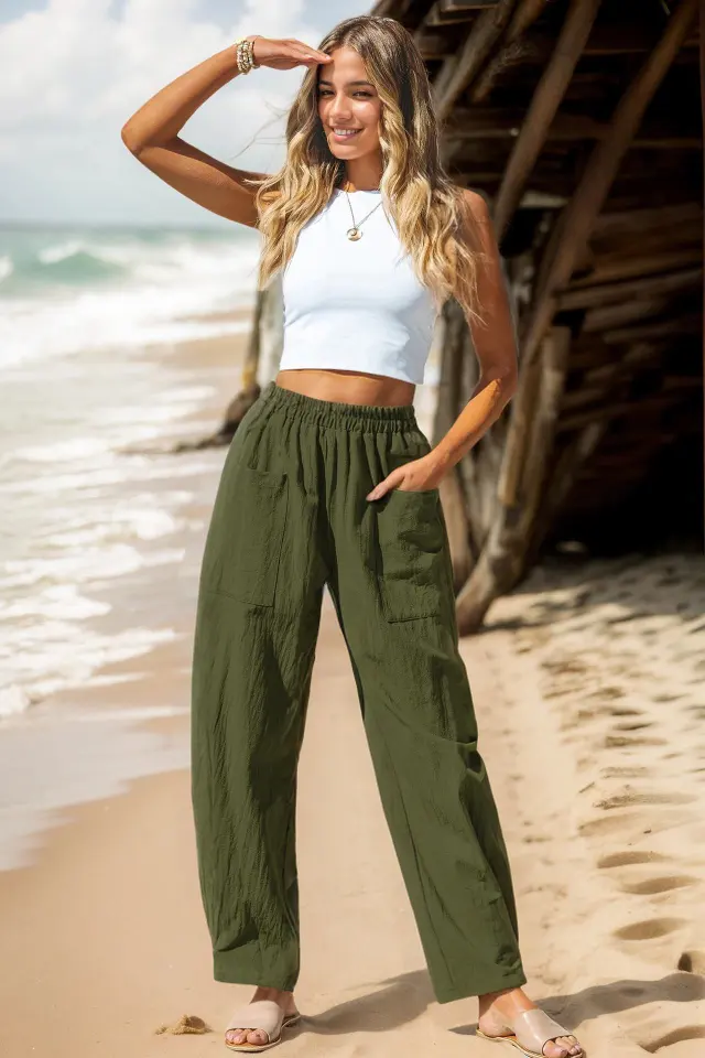 Women's Cotton And Linen Casual Pants Vacation Style Army Green - Shop at LoveMi