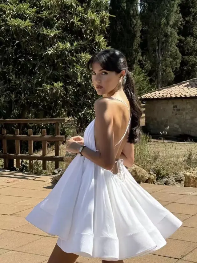 Sexy Sling Deep V neck Backless Pleated Tulle Tutu Dress White - Shop at LoveMi
