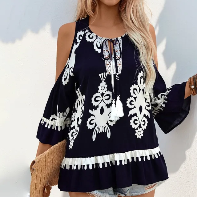 Retro Comfort Shoulder Digging Shirt Lace Shirt Dark Blue - Shop at LoveMi