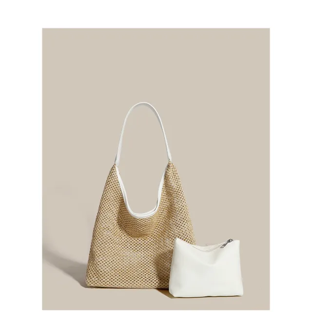 Retro Straw Woven Tote Bag Shoulder Large Capacity Beach Bag White - Shop at LoveMi