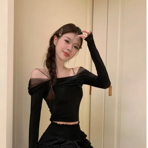 French Mesh Off shoulder Long Sleeve Top Black - Shop at LoveMi