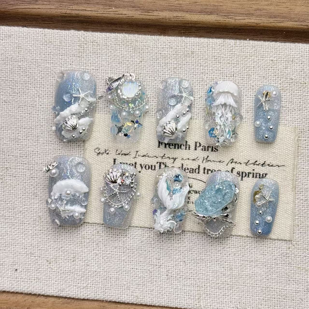 Blue Ocean Mermaid Tail False Nail Tips