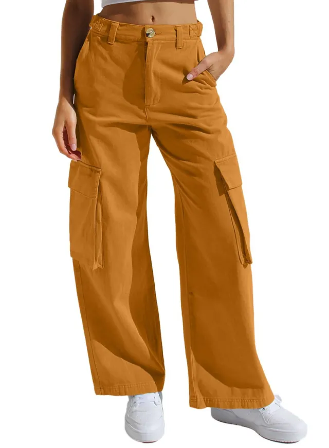 Women's Multi pocket Workwear Loose Casual Denim Trousers Orange - Shop at LoveMi