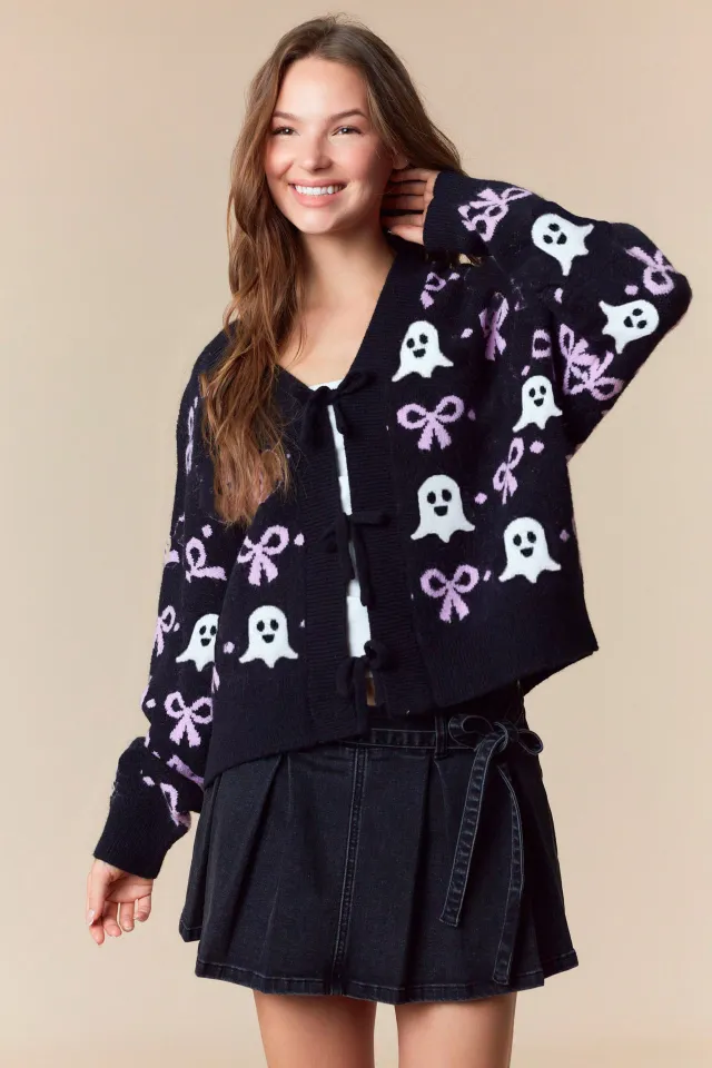 New Jacquard V neck Cardigan Women's Long sleeved Sweater Black Ghost - Shop at LoveMi