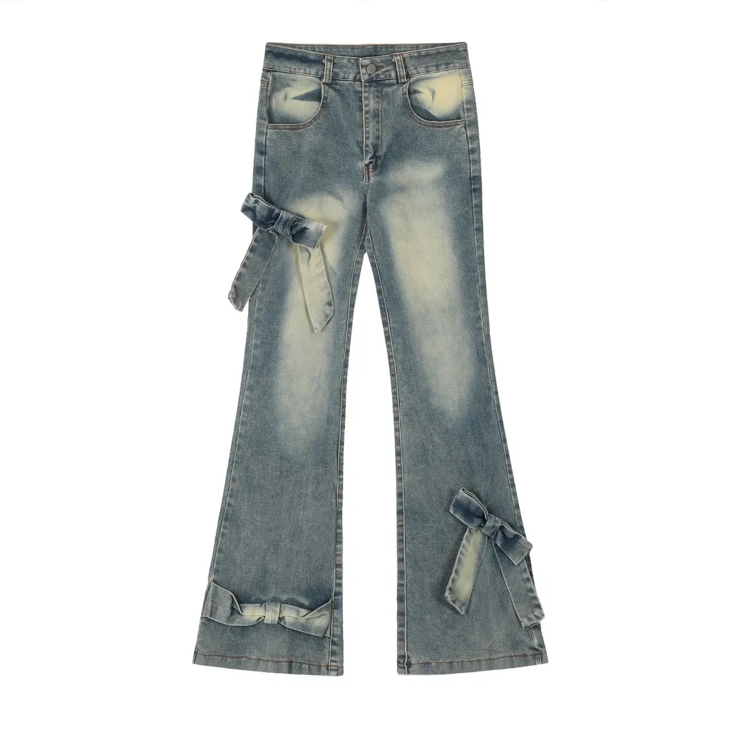 Real Shot American Retro Cute Bow Denim Trousers - Nostalgia-S