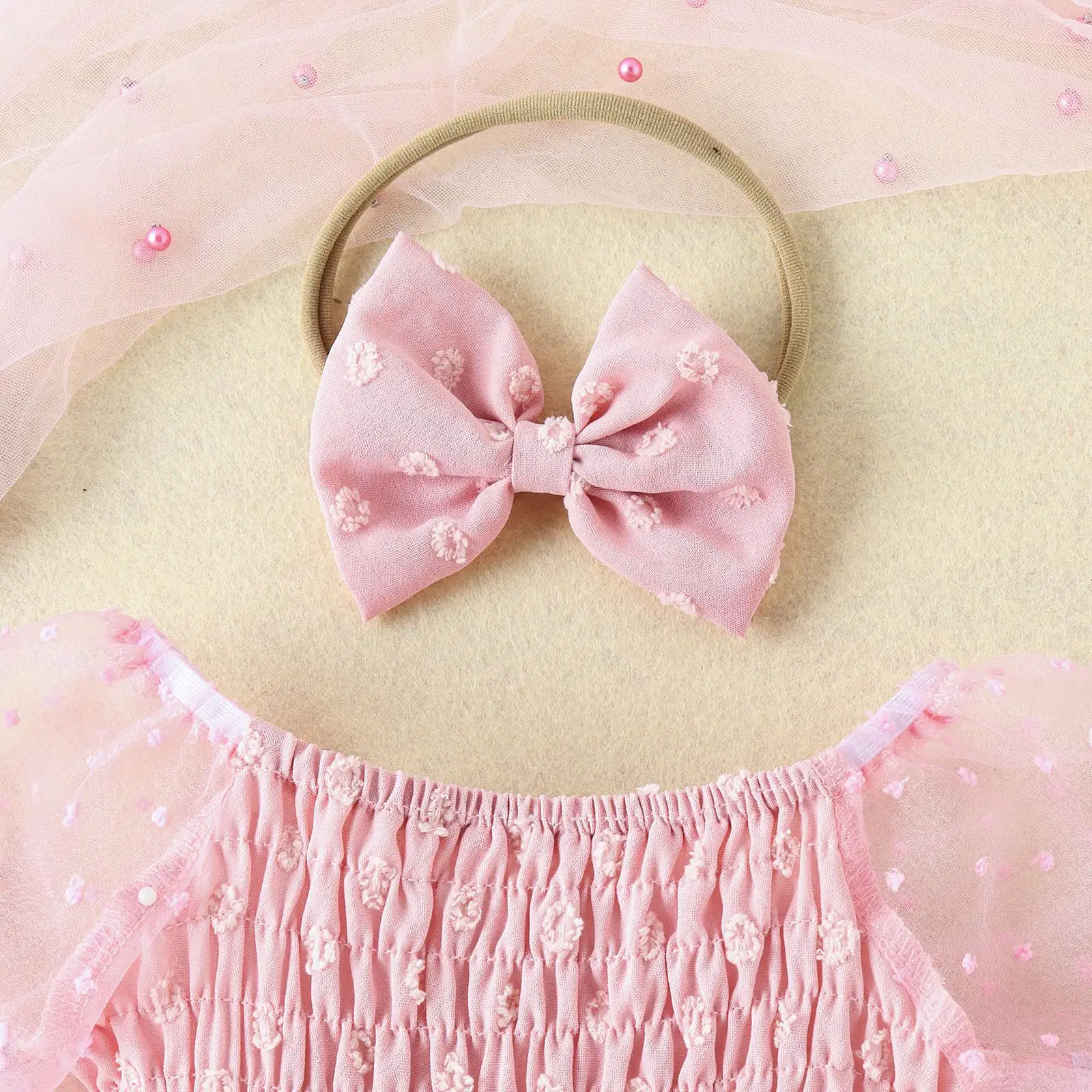 Girls' Multi-color Polka Dot Net Skirt Hemline Romper Headscarf