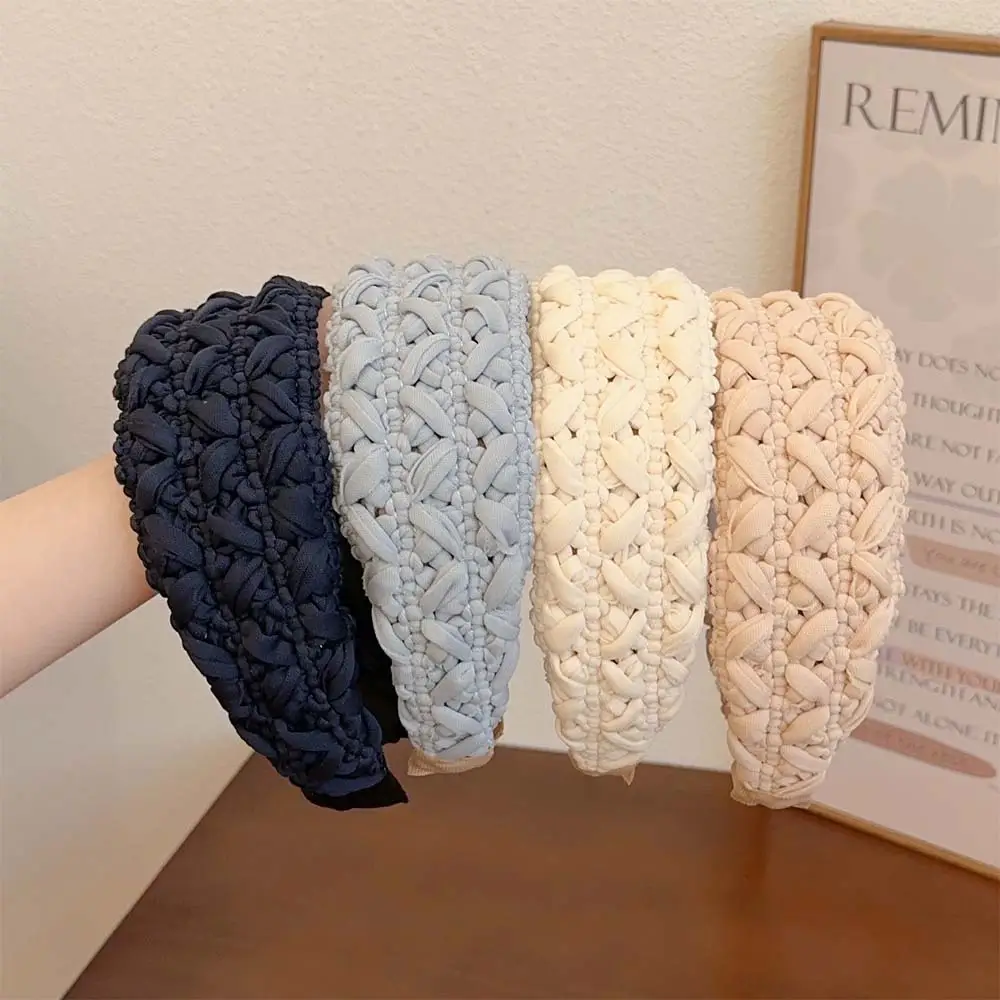French Style Vintage Weave High Skull Top Headband Simple Solid Color Wide Edge Advanced Pressure-sensitive Hair Band Pastoral Knitted Headdress