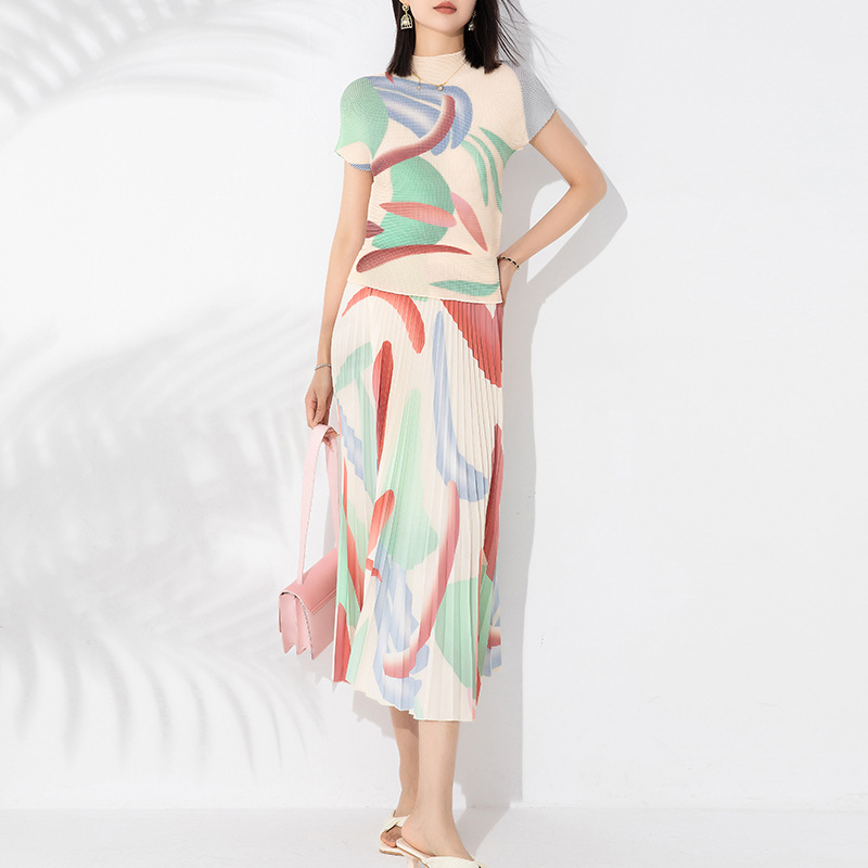 Pleated Fashion Temperament Printed Two-piece Set Women's New Stretch Short-sleeved Shirt Pleated Skirt Suit Trendy