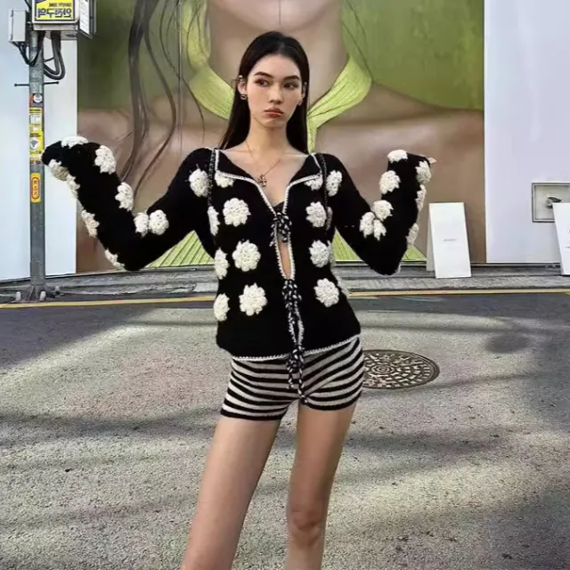 Women's French style High grade Heavy duty Three dimensional Crocheted Knitted Cardigan Black - Shop at LoveMi