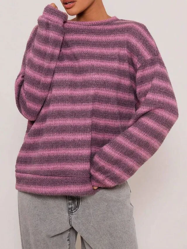 Casual Elegant Round Neck Striped Pullover Knitted Sweater Dark Pink - Shop at LoveMi